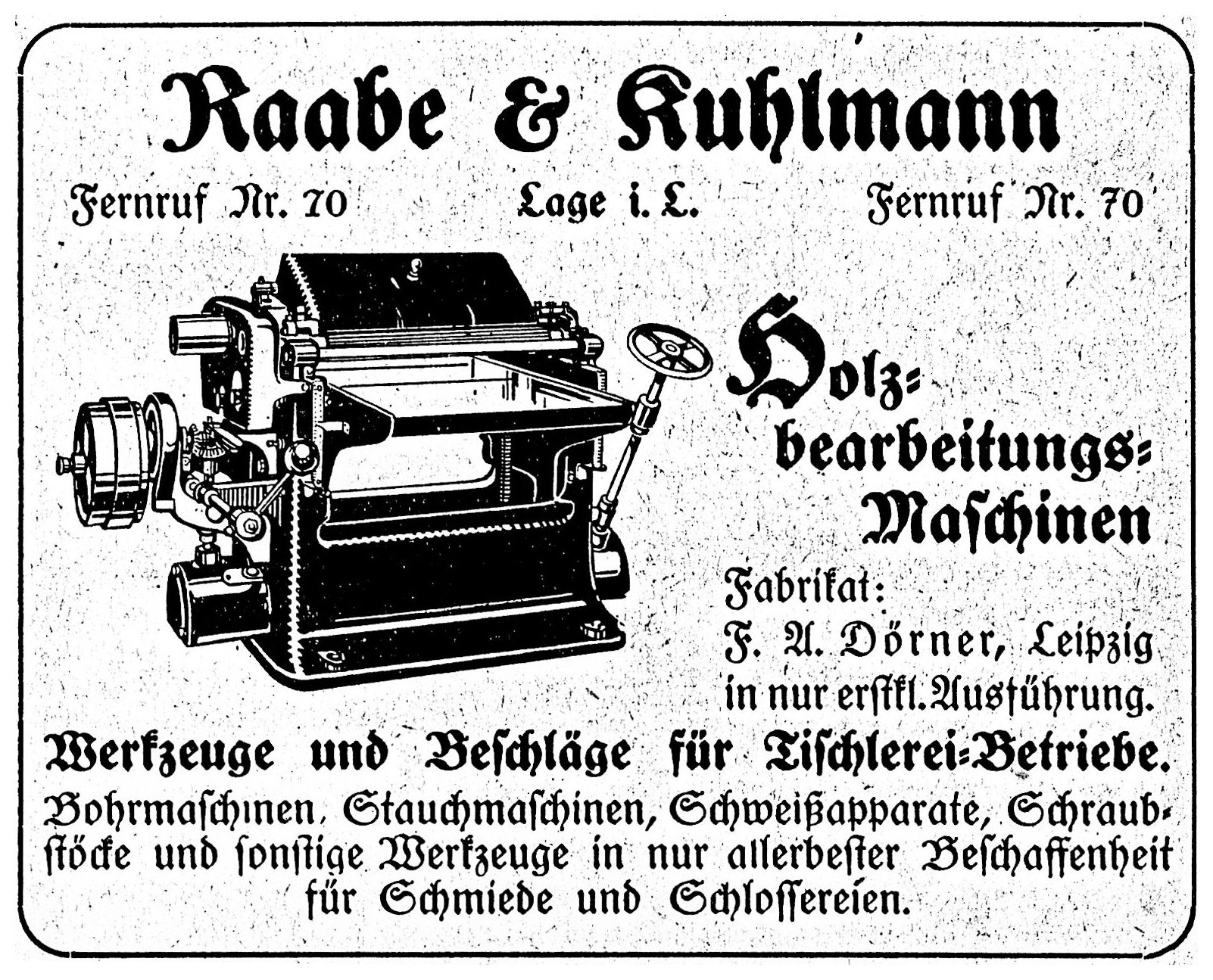 Historische Anzeige von Raabe & Kuhlmann in Lage für Holzbearbeitungsmaschinen, 1923