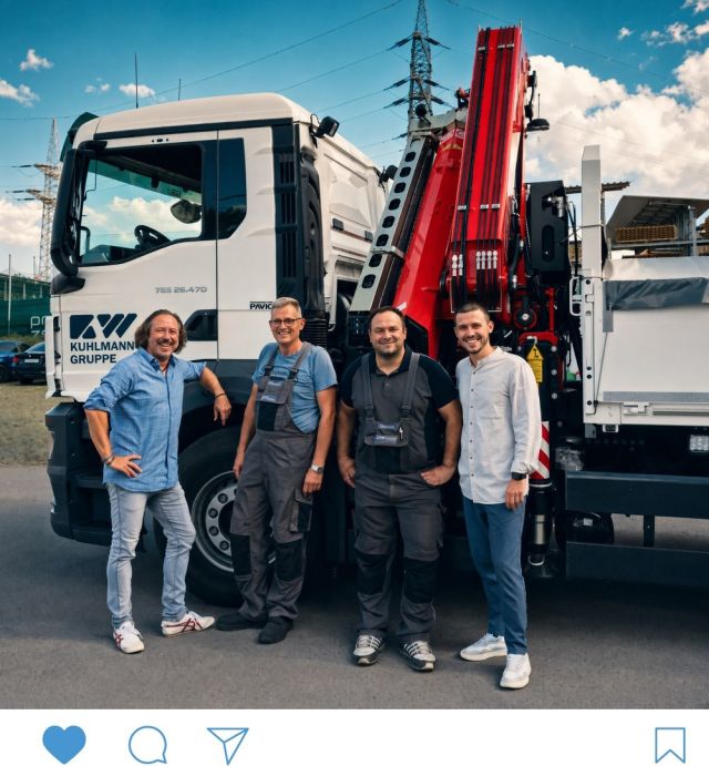 Instagram-Beitrag der Kuhlmann Gruppe - Stahl-Team vor dem Kran-LKW