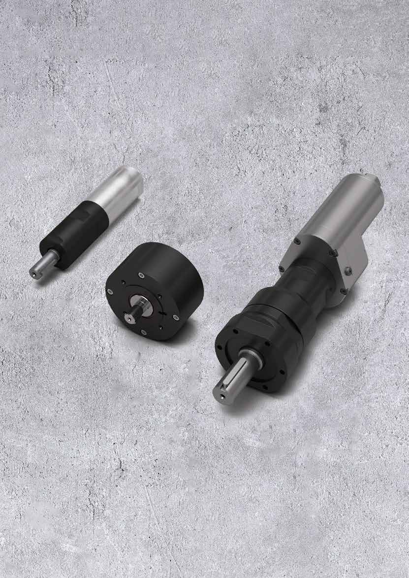 Drei Atlas-Copco-Druckluftmotoren mit unterschiedlichen Gehäusen und Abtriebswellen, Katalogmotiv