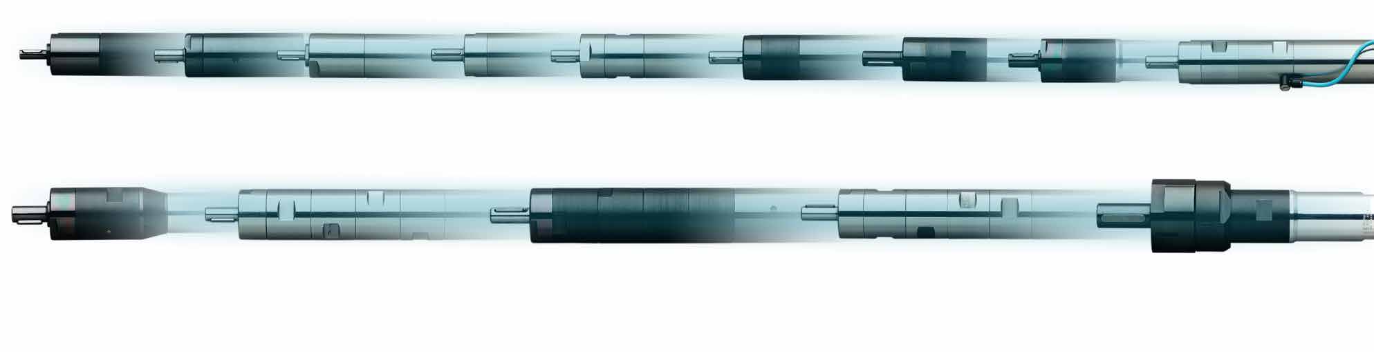 Druckluftmotoren mit unterschiedlichen Gehäuselängen und Abtrieben, Motiv aus dem Atlas-Copco-Motorenkatalog