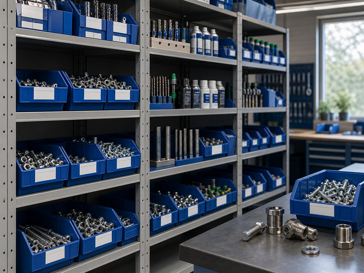 Organisiertes Konsignationslager mit blauen Lagerkisten und Verbrauchsmaterial