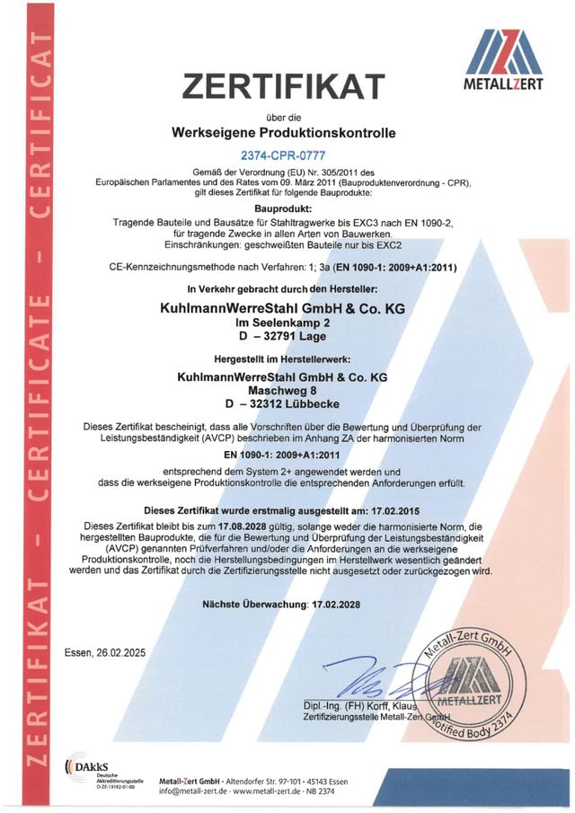 EN-1090-1-Zertifikat der werkseigenen Produktionskontrolle, Nr. 2374-CPR-0777