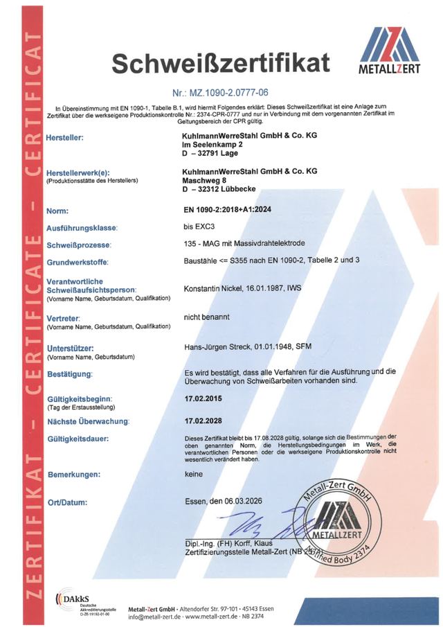 Schweißzertifikat nach EN 1090-2, Nr. MZ.1090-2.0777-06