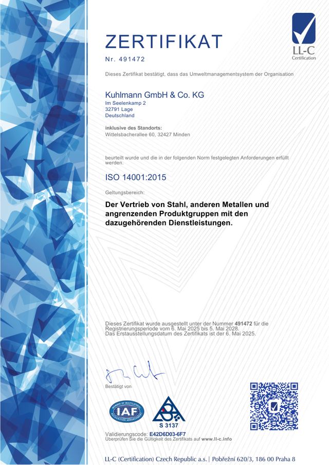 ISO-14001-Zertifikat der Kuhlmann GmbH & Co. KG, Nr. 491472