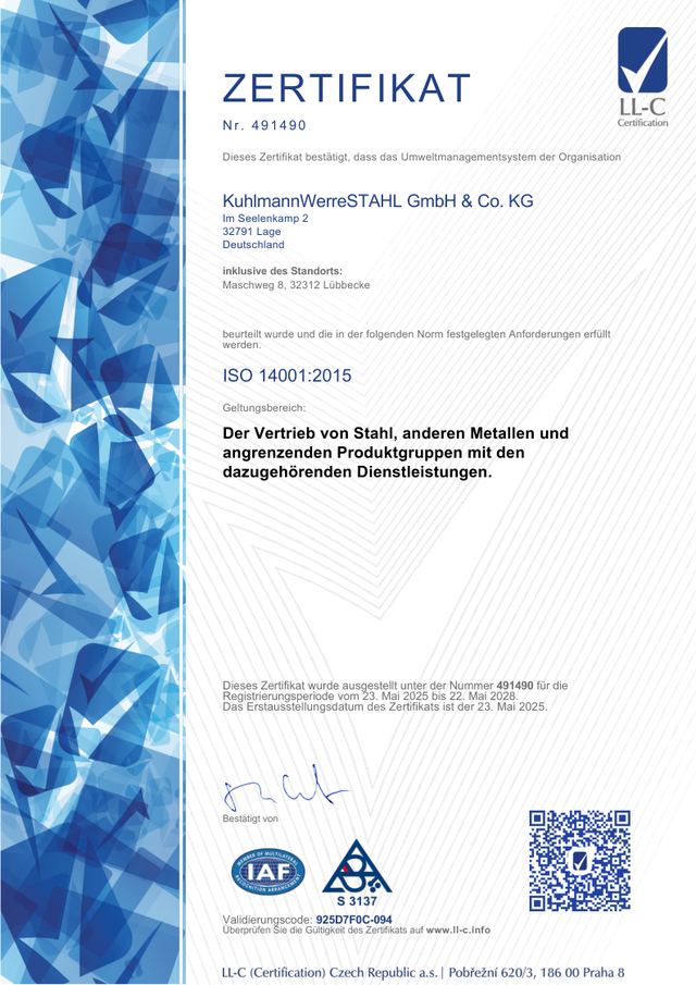 ISO-14001-Zertifikat der KuhlmannWerreSTAHL GmbH & Co. KG, Nr. 491490