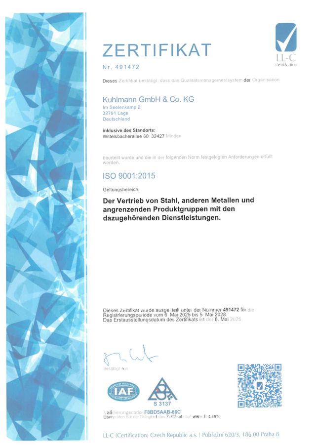 ISO-9001-Zertifikat der Kuhlmann GmbH & Co. KG, Nr. 491472