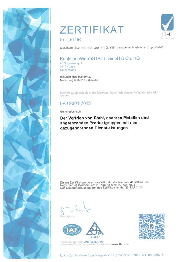ISO-9001-Zertifikat der KuhlmannWerreSTAHL GmbH & Co. KG, Nr. 491490