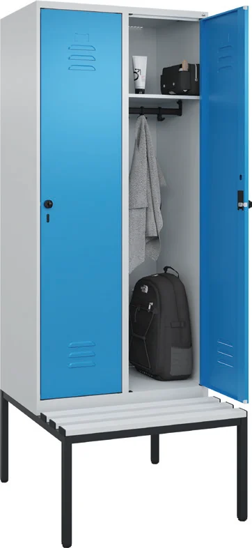 Blauer Garderobenschrank mit untergebauter Sitzbank, Katalogbeispiel