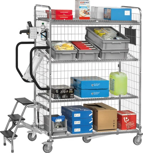 Kommissionierwagen mit Etagen und Behältern, beispielhafte Bestückung aus dem Katalog