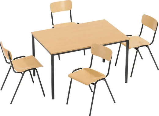 Mehrzwecktisch mit stapelbaren Holzstühlen, Katalogbeispiel