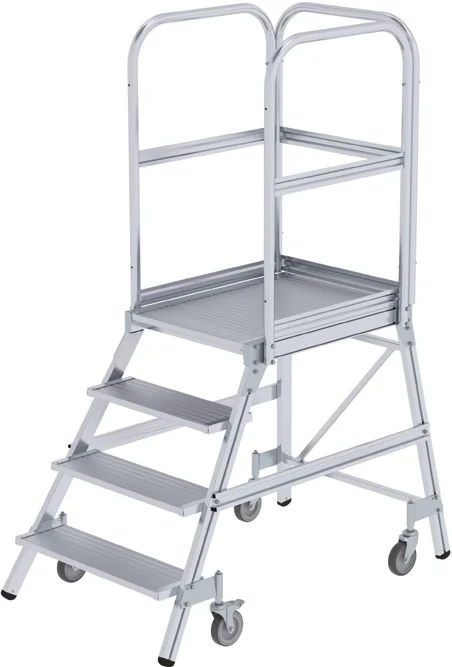 Fahrbare Aluminium-Podesttreppe mit Plattform und Geländer, Katalogbeispiel