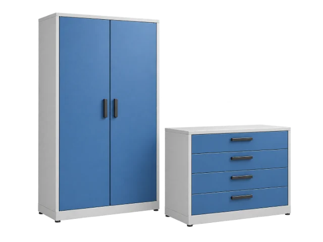 KI-Illustration eines Flügeltürschranks und eines niedrigen Schubladenschranks in Grau und Blau