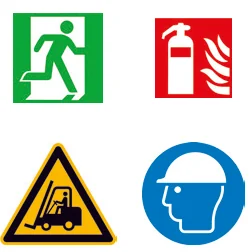 Vier Sicherheitszeichen: Notausgang, Feuerlöscher, Warnung vor Flurförderzeugen und Kopfschutz benutzen, Katalogbeispiele