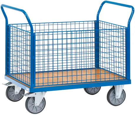 Transportwagen mit Holzplattform und blauen Gitterwänden, Katalogbeispiel