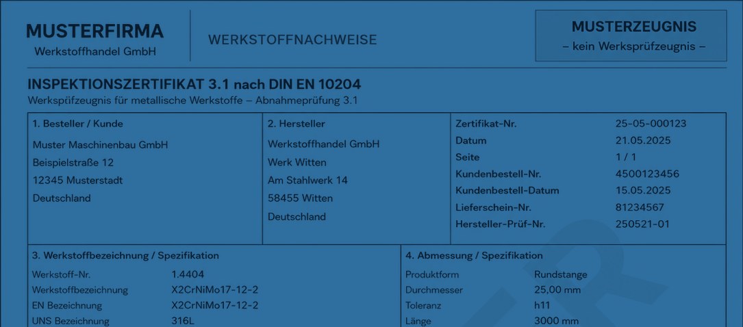 Kopf eines Musterzeugnisses: Inspektionszertifikat 3.1 nach DIN EN 10204 für eine Rundstange aus 1.4404 – mit Besteller, Hersteller, Zertifikatsnummer und Werkstoffbezeichnung